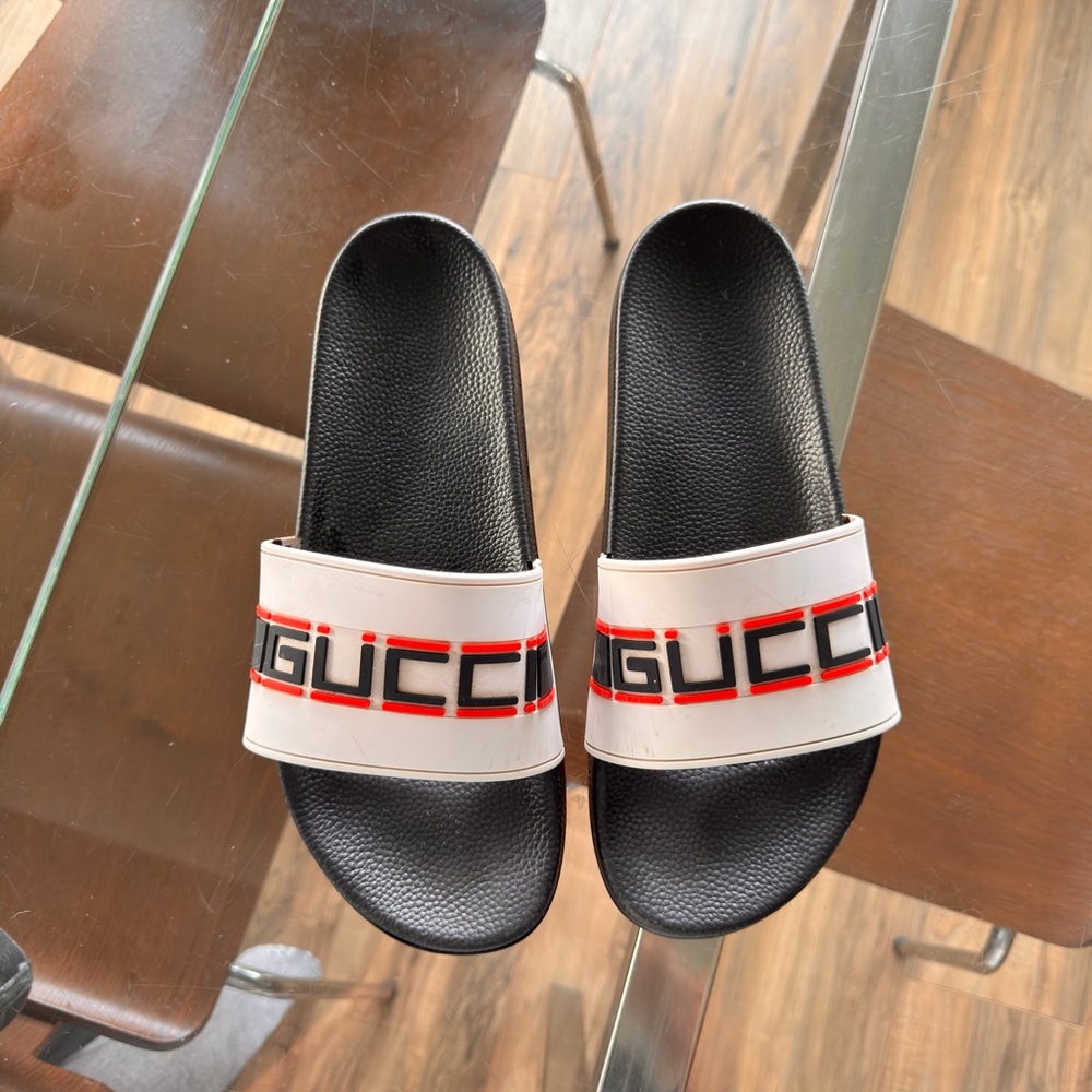 Gucci Black Slides with White and Red Strap